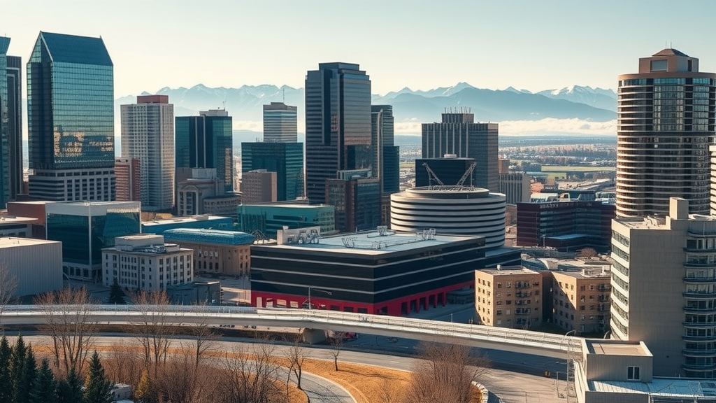 Calgary skyline with Rocky Mountains, highlighting the city’s blend of urban life and outdoor adventure amidst debt relief challenges. Debt solutions available.