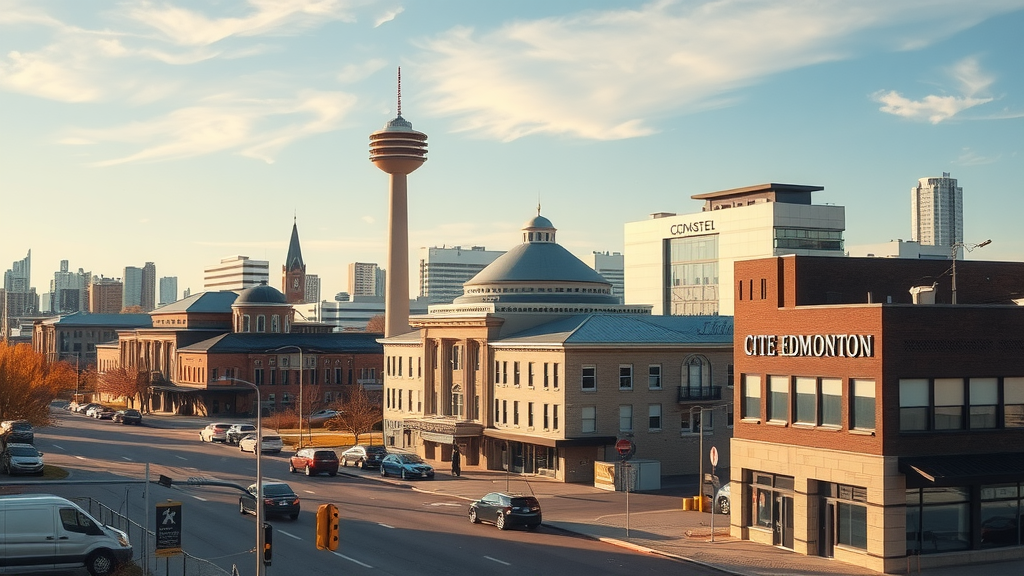 Image of Edmonton showcasing its vibrant arts scene and outdoor spaces, highlighting local challenges in debt relief and housing costs.