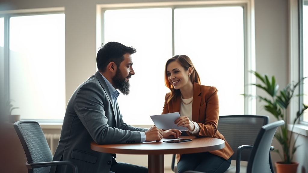 Image of a person discussing options with a Licensed Insolvency Trustee about a consumer proposal discharge process.