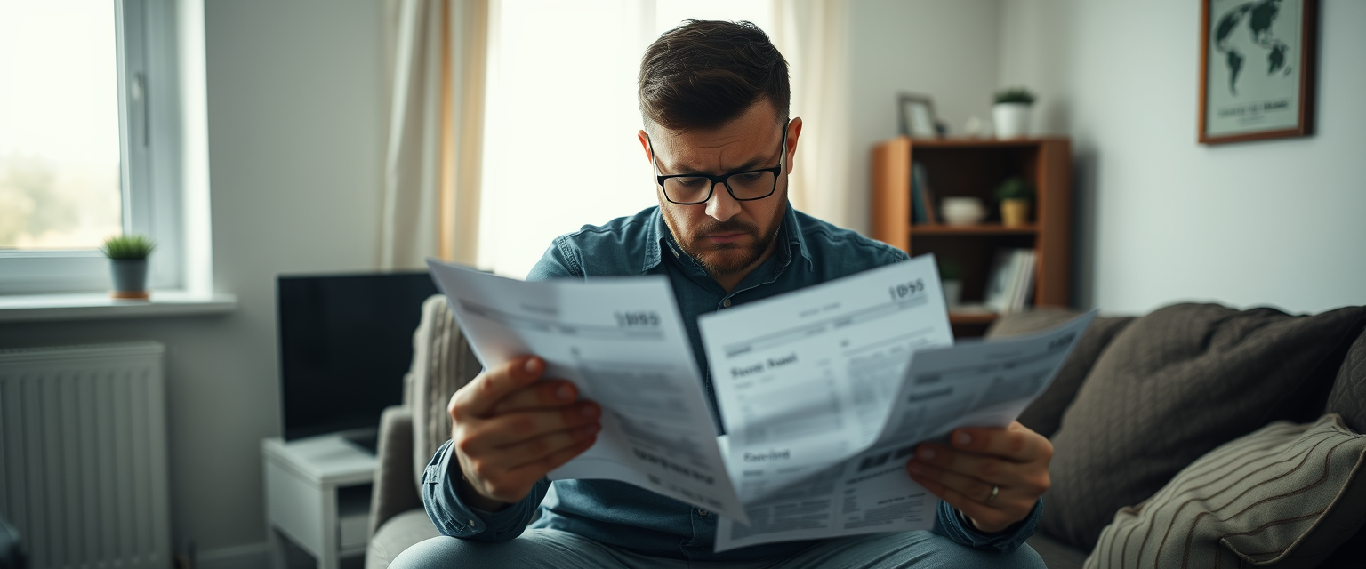 Benjamin reviewing bills at his kitchen table, contemplating his pandemic debt relief options through consumer proposal.